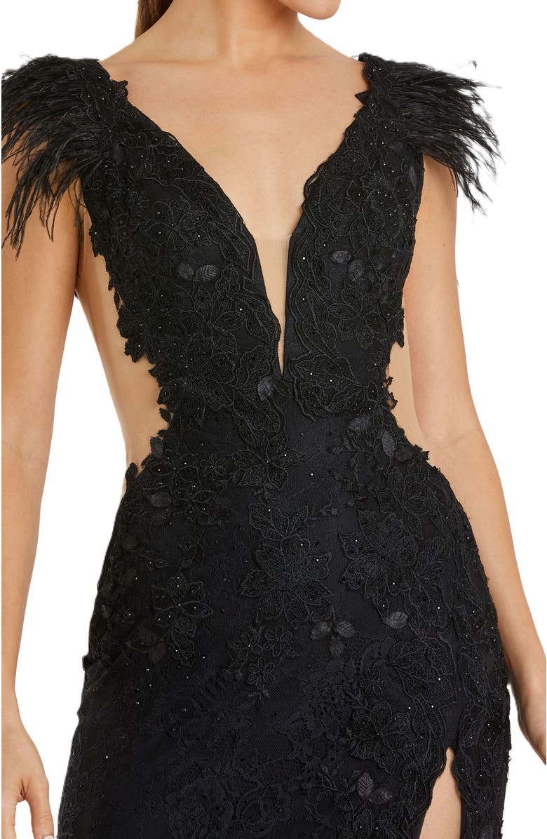 Mac Duggal Feather Cap Sleeve Lace Gown, Alternate, color, Black
