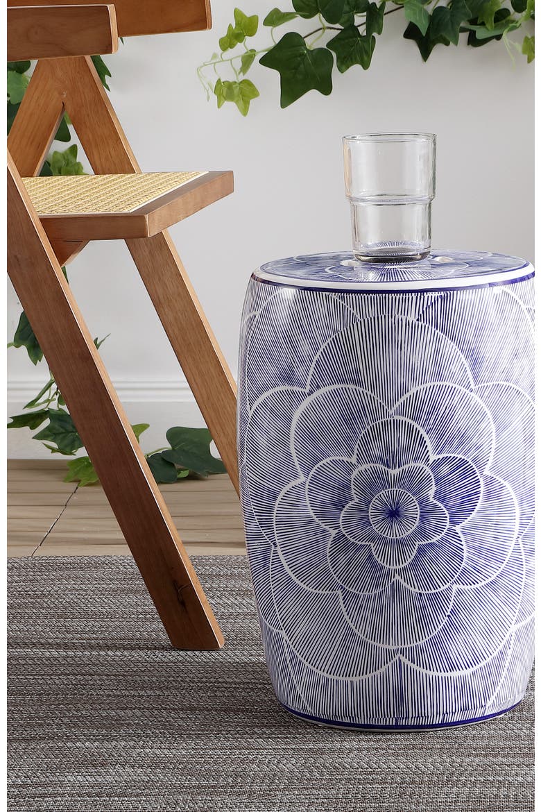 Camellia Traditional Floral Chinoiserie Ceramic Drum Garden Stool, Pierced Indoor/Outdoor Patio Seat & Side Table, Alternate, color, Blue