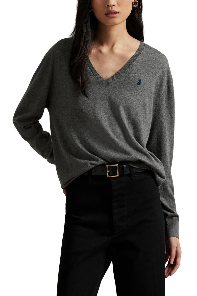 Relaxed Cotton V-Neck Sweater, Main, color, ANTIQUE HEATHER