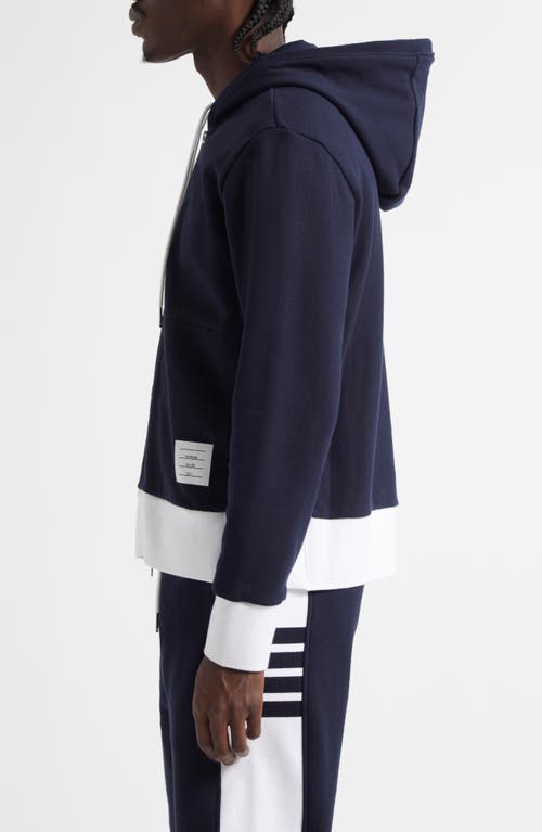 Thom Browne Zip Up Hoodie With Engineered 4 Bar In Color Blocked Solid In Blue