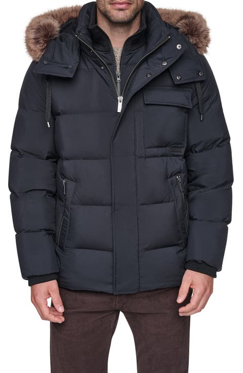 Hooded Down & Waterfowl Feather Fill Parka with Faux Fur Trim