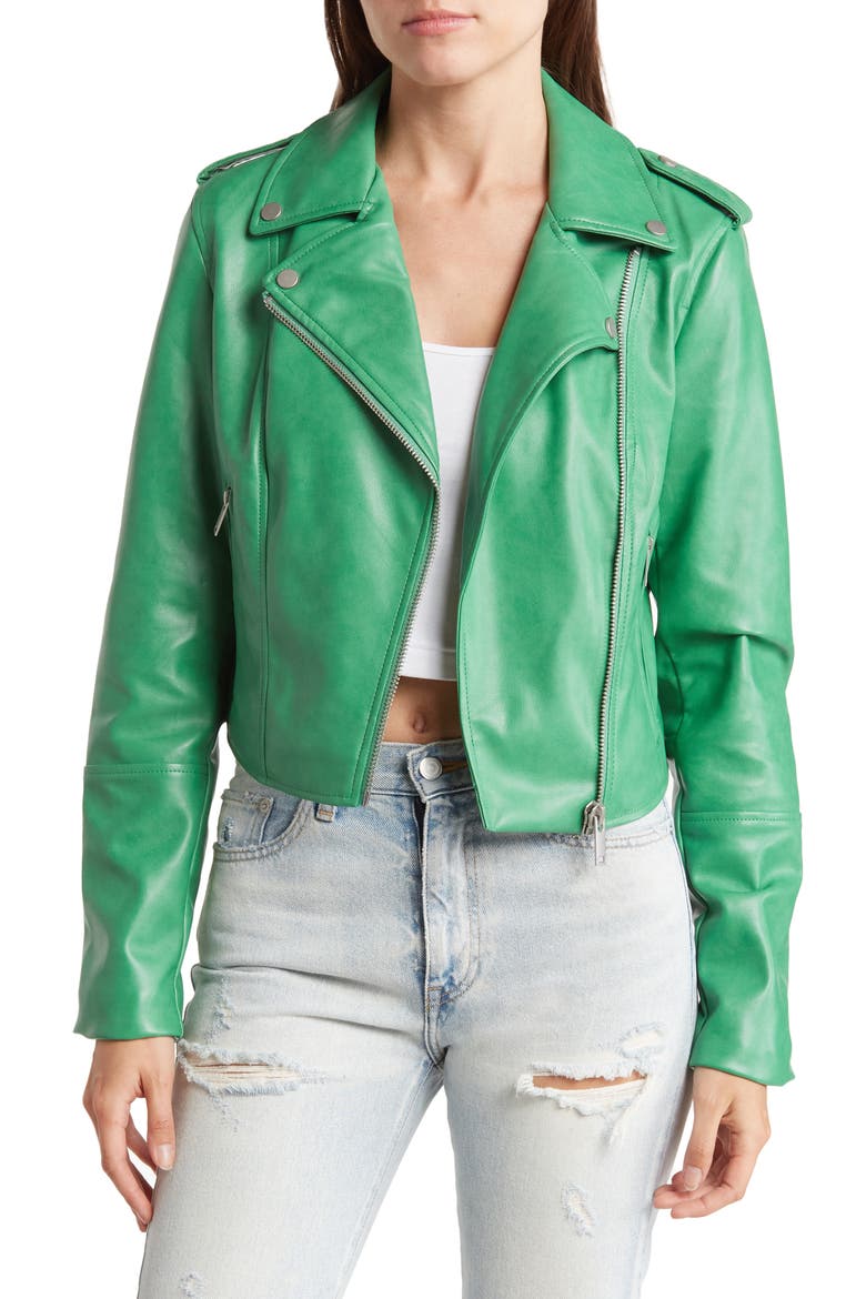 Faux Leather Crop Moto Jacket, Main, color, KELLY GREEN