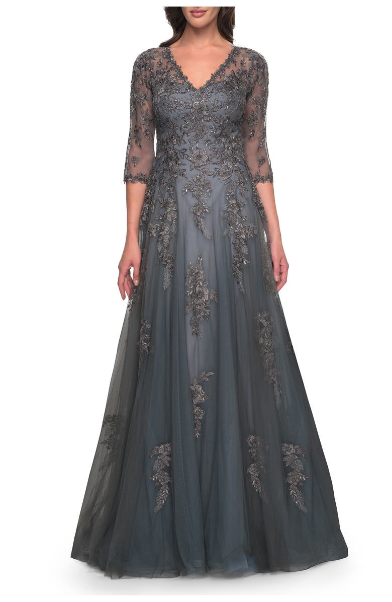 La Femme Beautiful A-Line Tulle and Lace Dress with Sheer Sleeves, Main, color, Gray