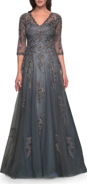 La Femme Beautiful A-Line Tulle and Lace Dress with Sheer Sleeves