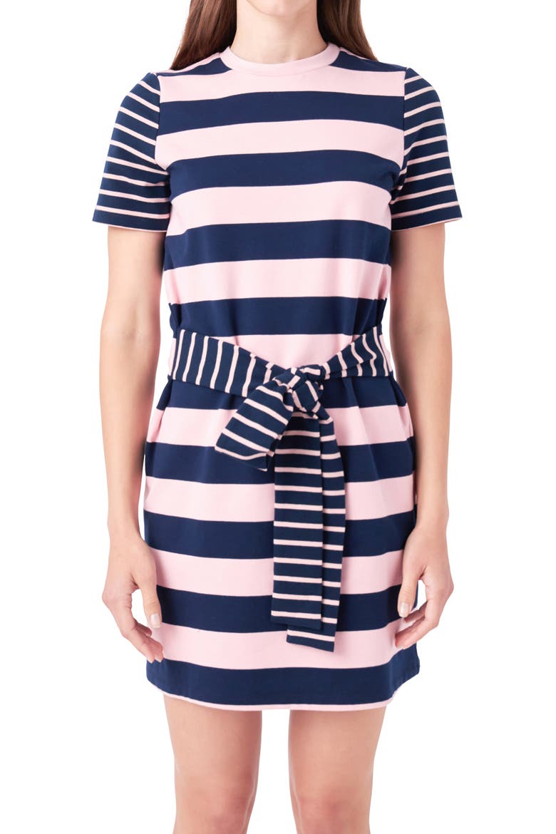 Contrast Stripe Tie Waist Minidress, Alternate, color, NAVY/PINK