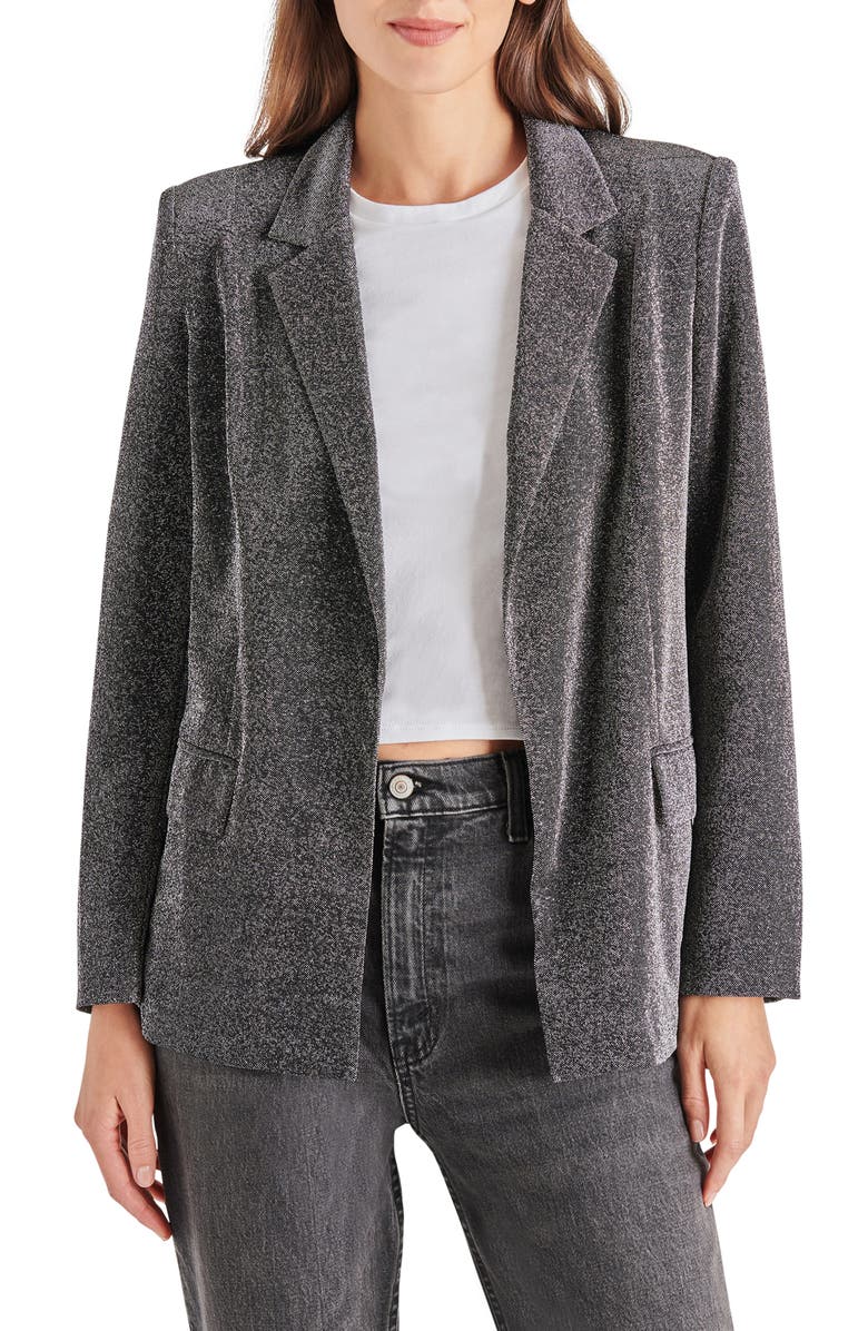 Steve Madden Payton Metallic Open Front Blazer, Main, color, Black