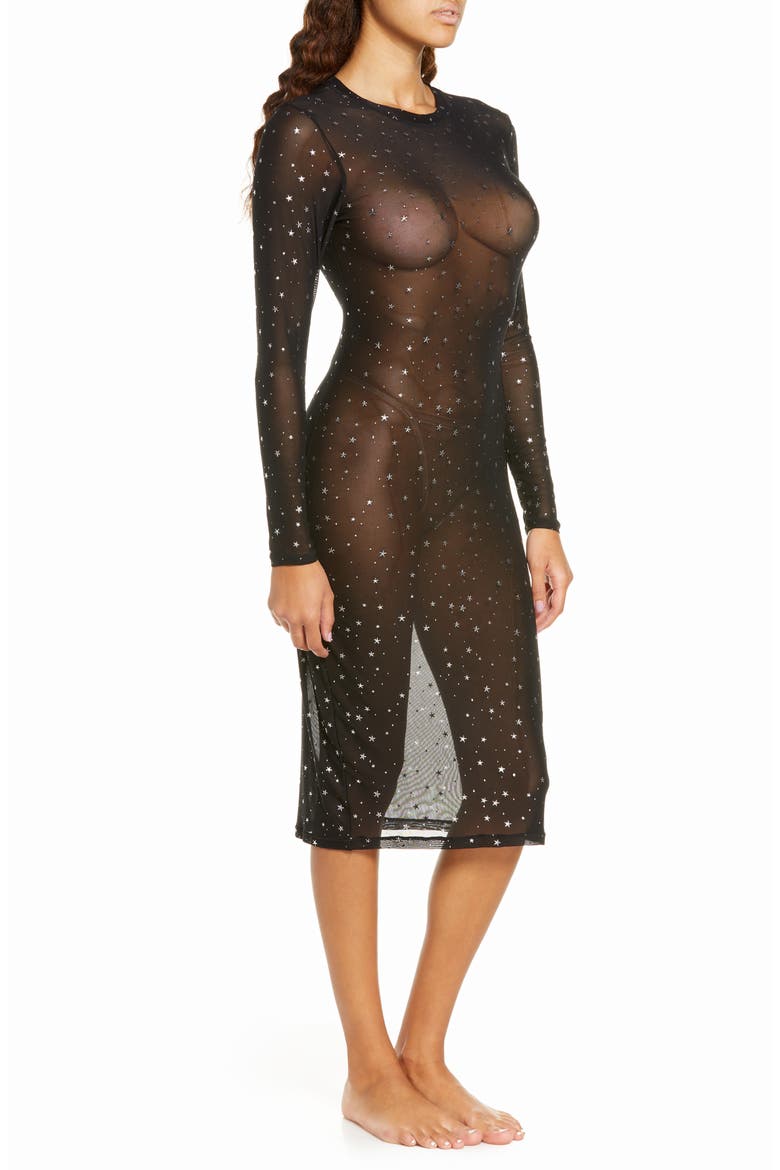 Embroidered Mesh Long Sleeve Midi Dress, Alternate, color, BLACK/ FOIL STARS