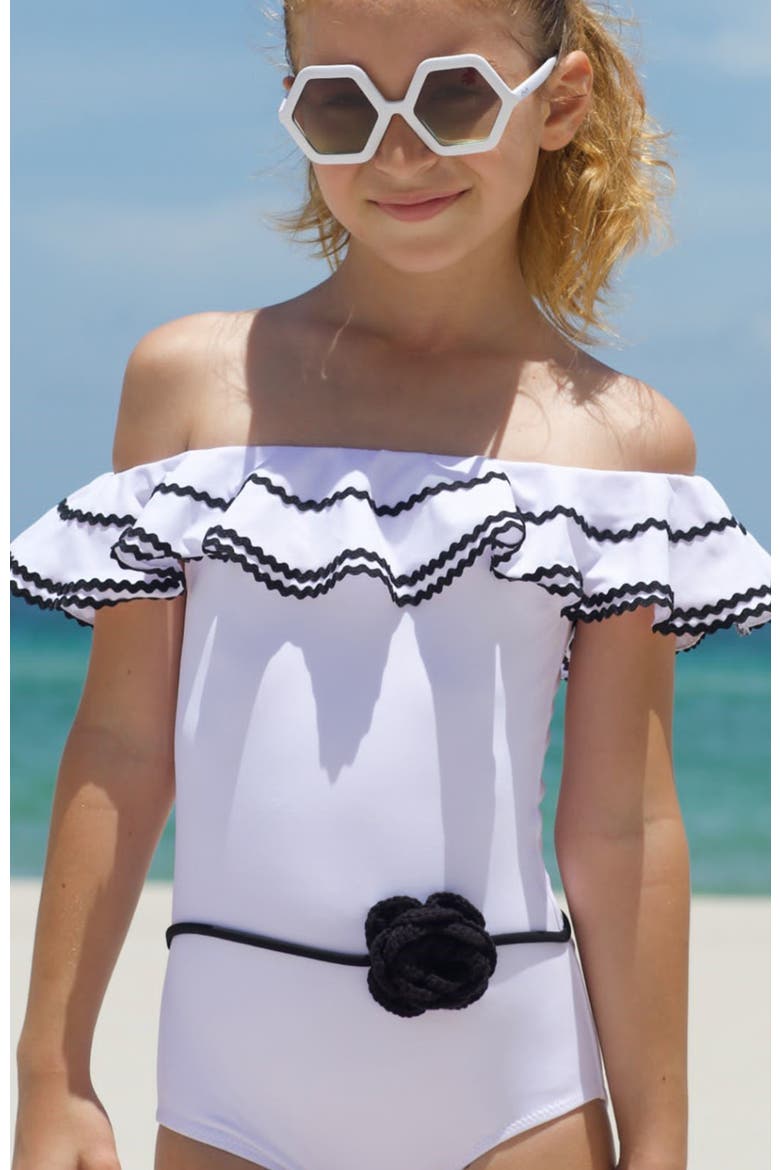 Kids' Off Shoulder Black Crochet Flower Belt One-Piece Swimsuit, Alternate, color, White