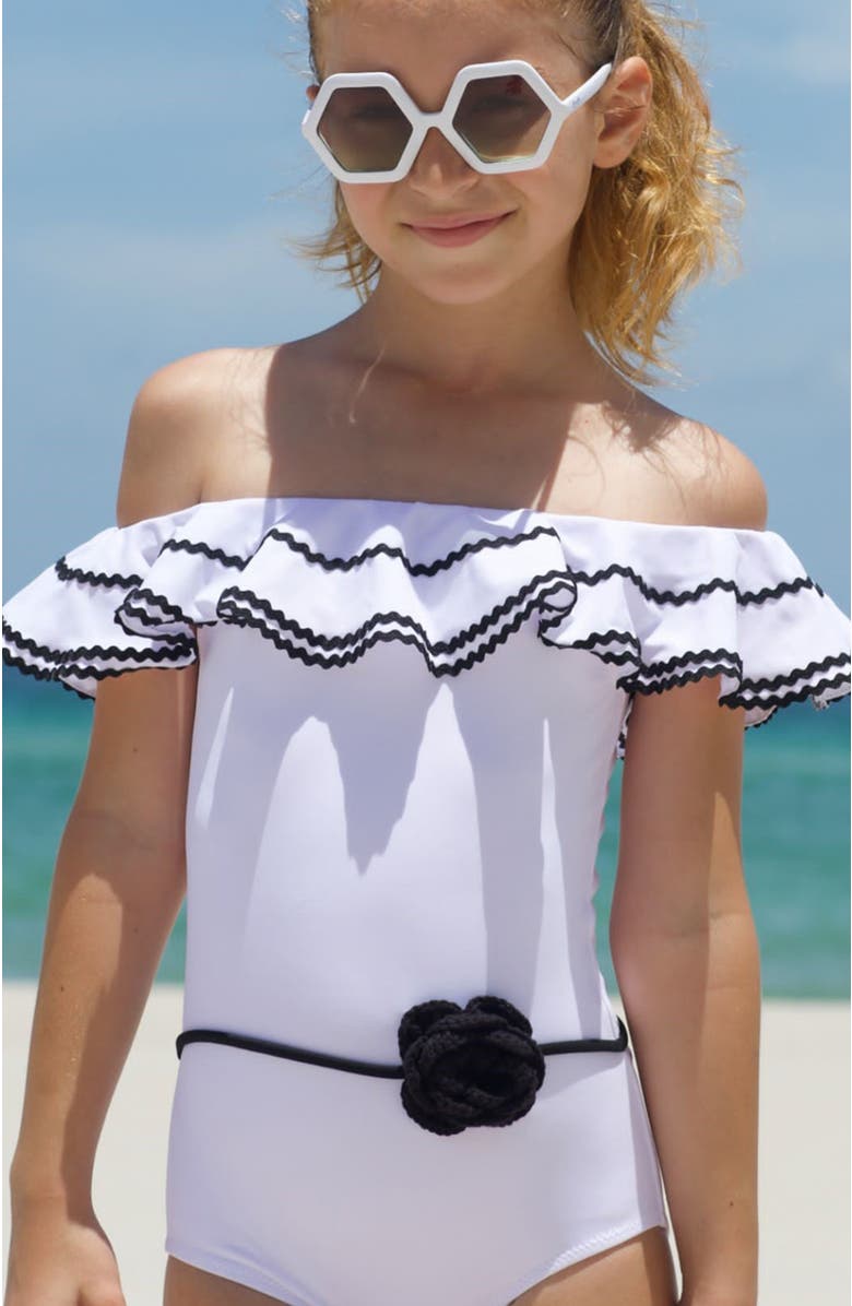 NESSI BYRD Kids' Off Shoulder Black Crochet Flower Belt One-Piece Swimsuit, Alternate, color, White