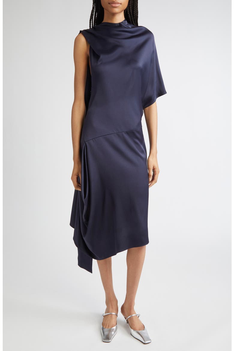 Asymmetric Satin Midi Dress, Main, color, 4101 - INK