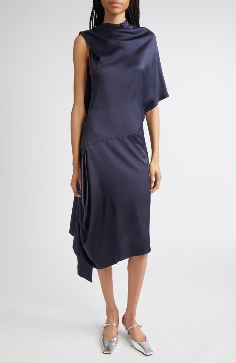 Stella McCartney Asymmetric Satin Midi Dress, Main, color, 4101 - Ink