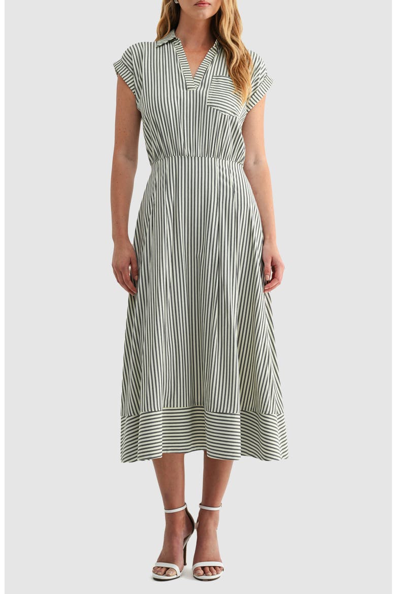 Stripe Collared Short Sleeve A-Line Midi Dress, Main, color, CREAM BLACK