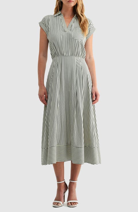 Stripe Collared Short Sleeve A-Line Midi Dress