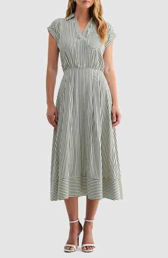 Mila Mae Stripe Collared Short Sleeve A-Line Midi Dress
