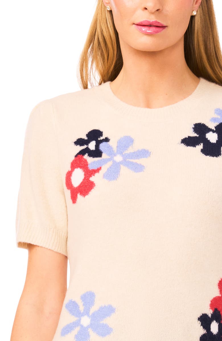 CeCe Groovy Flower Short Sleeve Sweater, Alternate, color, Birch