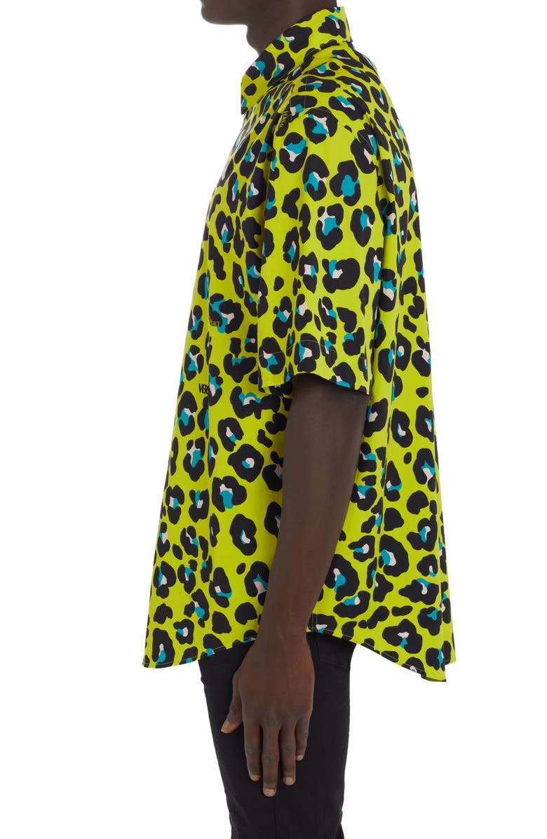 Versace Leopard Print Short Sleeve Cotton Button-Up Shirt, Alternate, color,