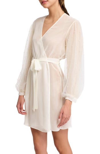 Rya Collection Imitation Pearl Tie Waist Cover-up Robe In White