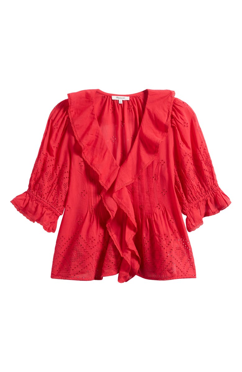 Madewell Pintuck Ruffle Puff Sleeve Top, Alternate, color, Cerise