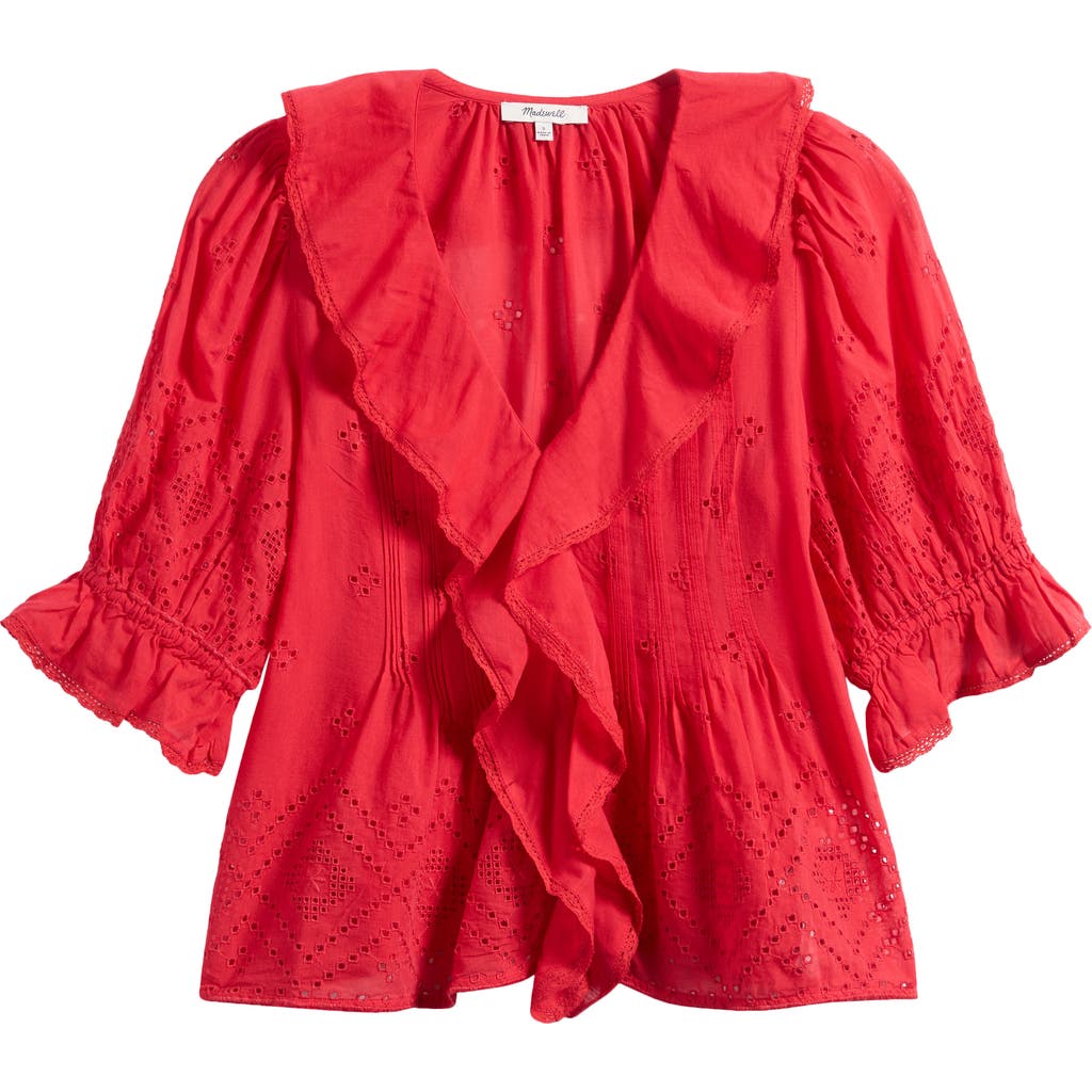 Madewell Pintuck Ruffle Puff Sleeve Top In Cerise