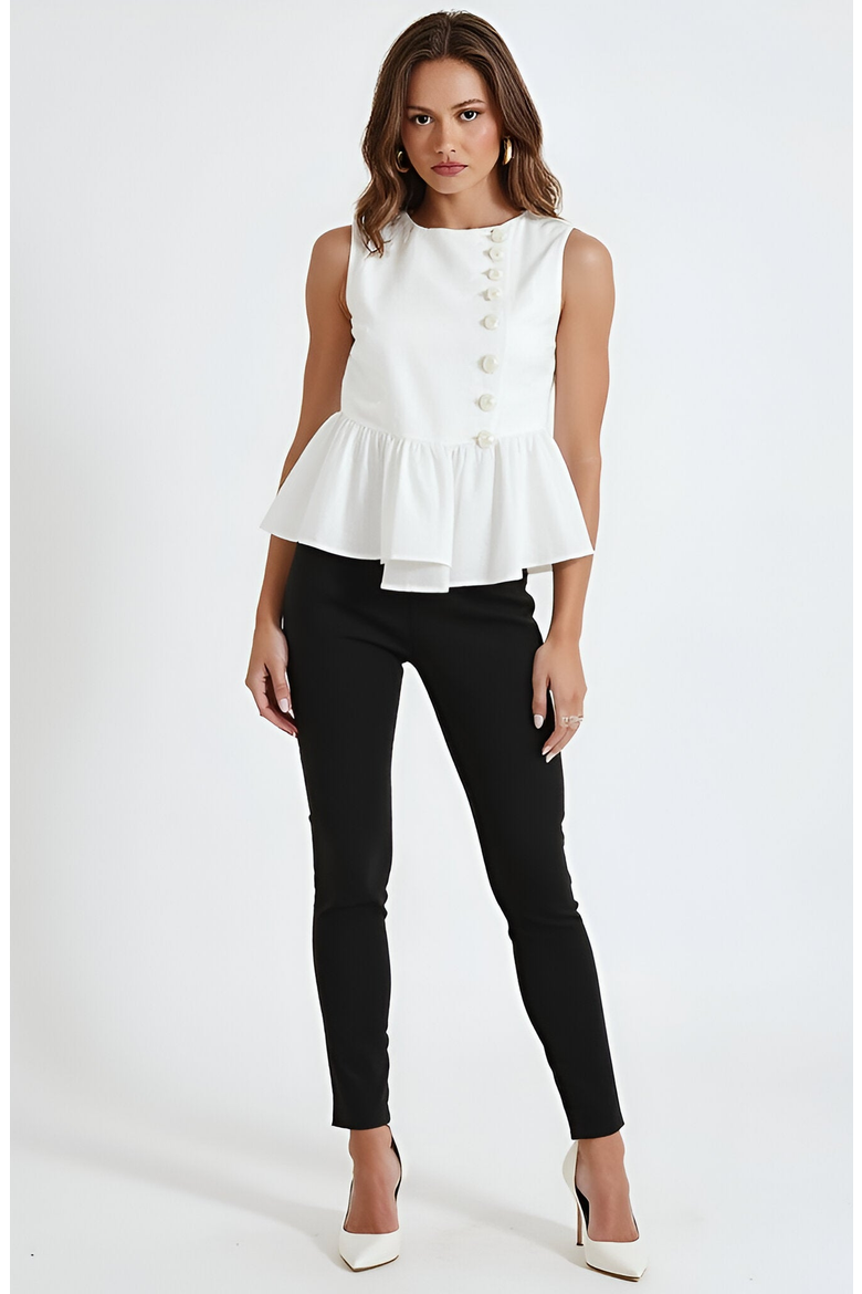 Sleeveless Peplum Top with Asymmetric Pearl Button Front, Alternate, color, White