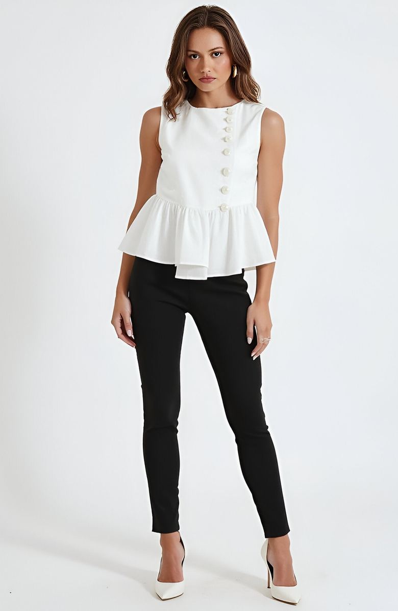 Modenaire Sleeveless Peplum Top with Asymmetric Pearl Button Front, Alternate, color, White