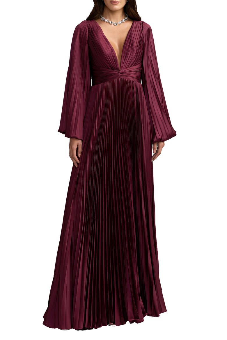 Pleated Satin Long Sleeve Gown, Main, color, Wine