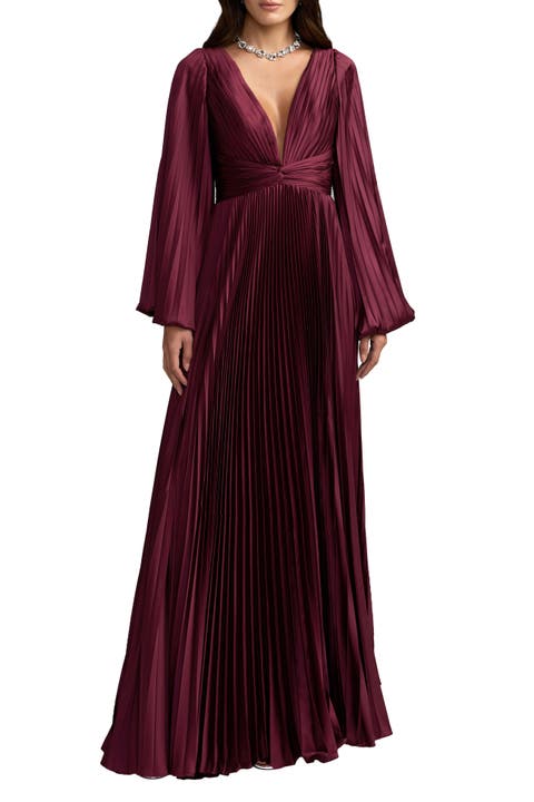 Pleated Satin Long Sleeve Gown