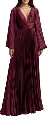 Mac Duggal Pleated Satin Long Sleeve Gown