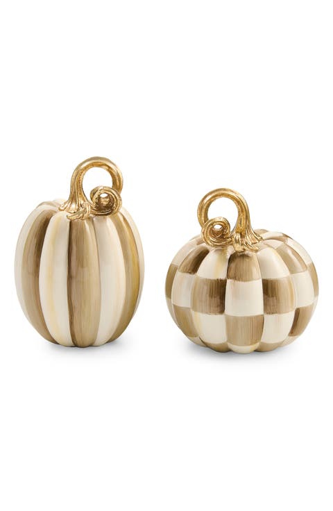 Mocha Check and Stripe Petite Decorative Pumpkins