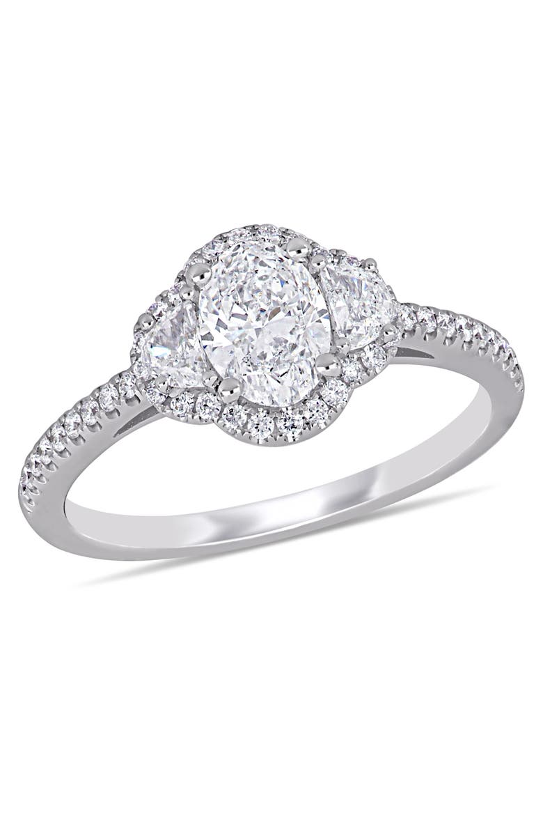 Diamond Oval 3-Stone Halo Ring 14k, Main, color, 14k White Gold