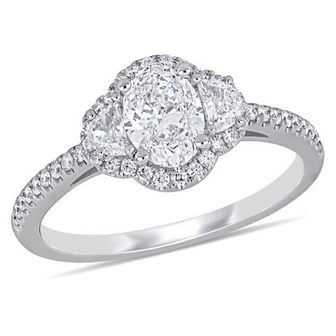 Diamond Oval 3-Stone Halo Ring 14k