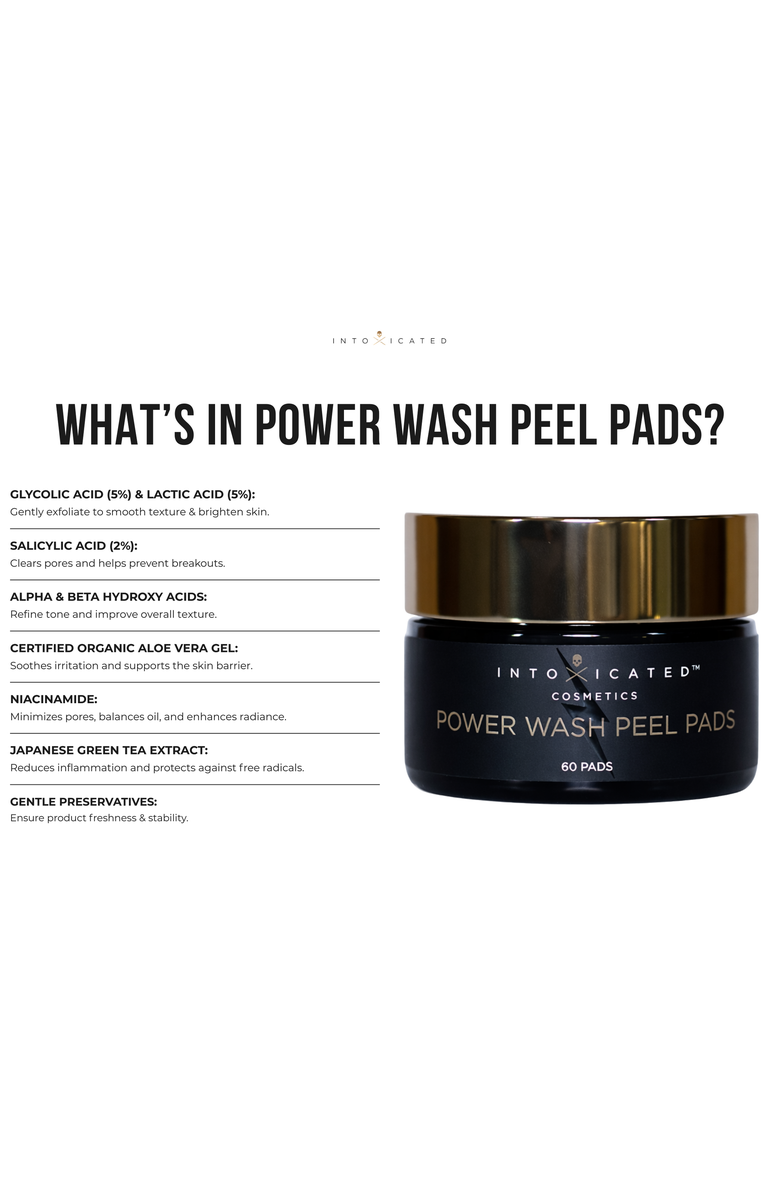 Intoxicated Cosmetics Power Wash Peel Pads | 60 Pads | Multi-Acid | Exfoliating | Cleansing | Retexturizing | AHA | Glycolic & Lactic, Alternate, color, NO COLOR