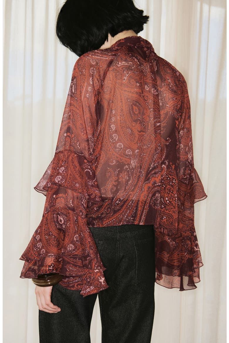 Jewell Ruffle Sleeve Tie Neck Top, Alternate, color, RUSSET