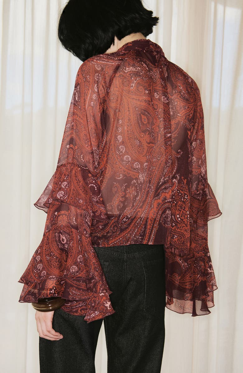 MANGO Jewell Ruffle Sleeve Tie Neck Top, Alternate, color, Russet