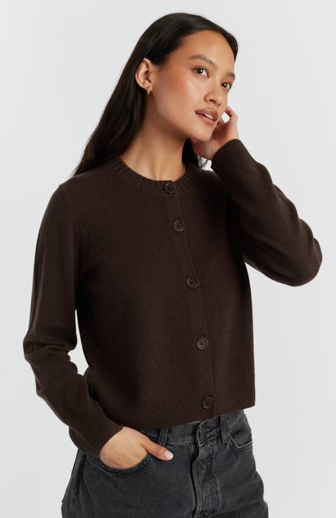 Wool Cashmere Blend Crew Neck Cropped Cardigan