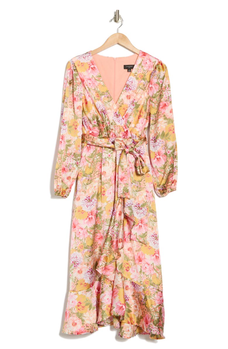 Tahari ASL Floral Long Sleeve Tie Waist Dress, Alternate, color, 