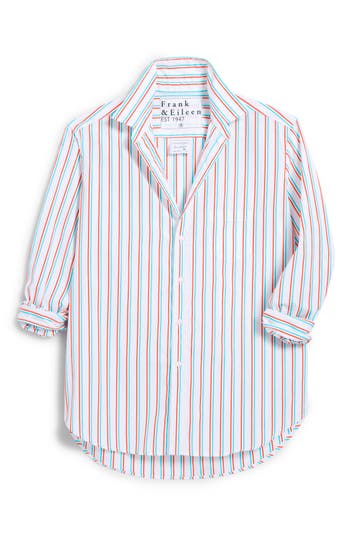 Frank & Eileen Relaxed Button Up Shirt In Jade Orange Double Stripe