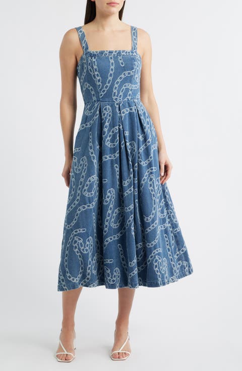 Chain Print Cotton Blend Denim Sundress