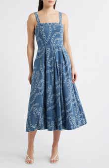 Chain Print Cotton Blend Denim Sundress