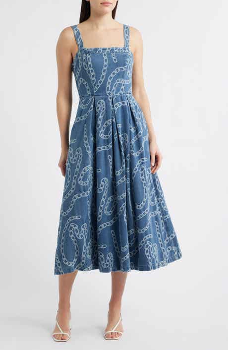 Chain Print Cotton Blend Denim Sundress