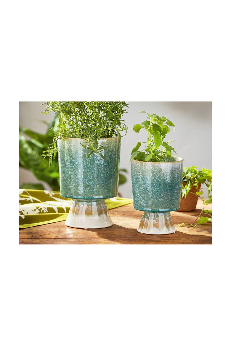 Large Reactive Glazed Green Pedestal Planter for 6 Inch Pot, Alternate, color, Green