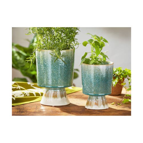 Tag Pedestal Reactive Glazed Green Small Planter For 5 Inch Pot In Green