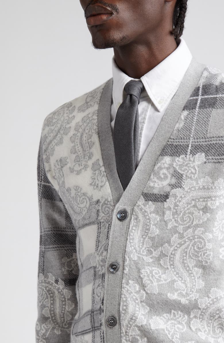 Thom Browne Fun-Mix Tartan Check & Paisley V-Neck Virgin Wool Cardigan, Alternate, color, 