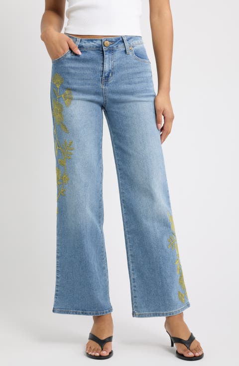 Floral Embroidered Wide Leg Jeans