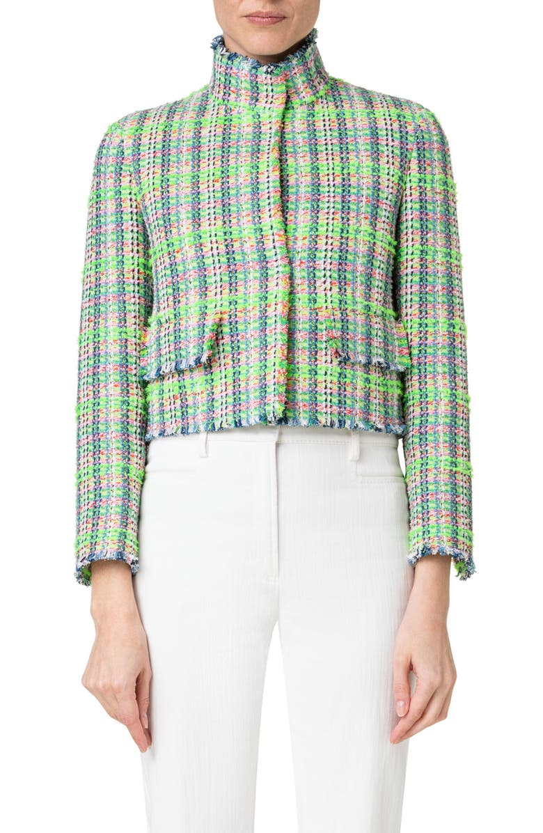 Akris punto Fringed Tweed Crop Jacket, Main, color, 056 Vibrant Green-Multicolor