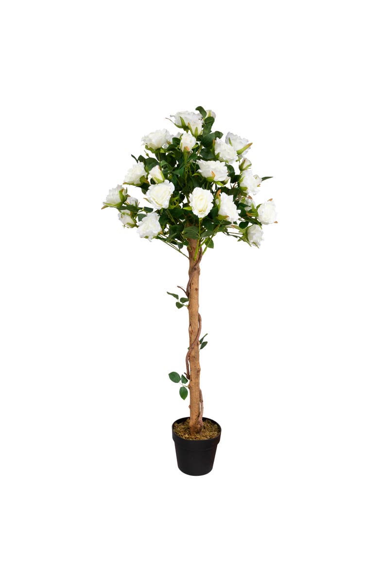Northlight Potted Floral Artificial Roses in Bloom Garden Tree - White - 4', Main, color, Green