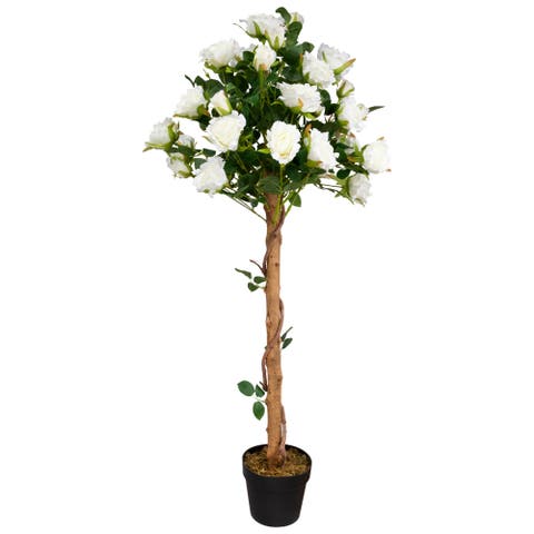 Potted Floral Artificial Roses in Bloom Garden Tree - White - 4'
