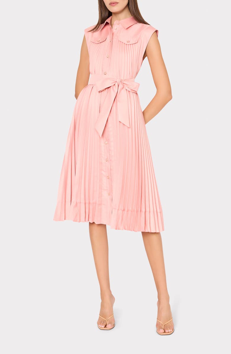 Milly Johanna Pleat Twill Midi Shirtdress, Main, color, Blush