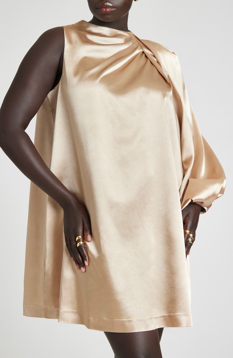 ELOQUII Pleated Shoulder Long Sleeve Satin Shift Dress, Alternate, color, 