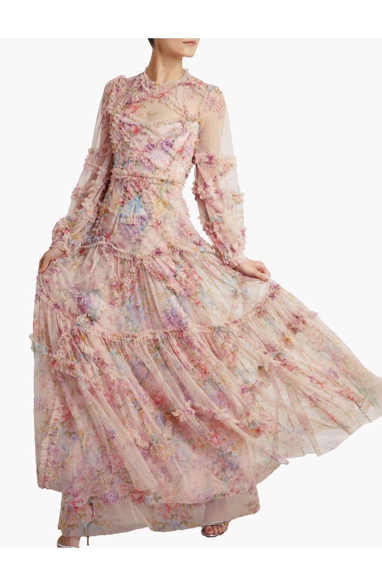 Needle & Thread Floral Diamond Ruffle Gown, Main, color, Topaz Pink